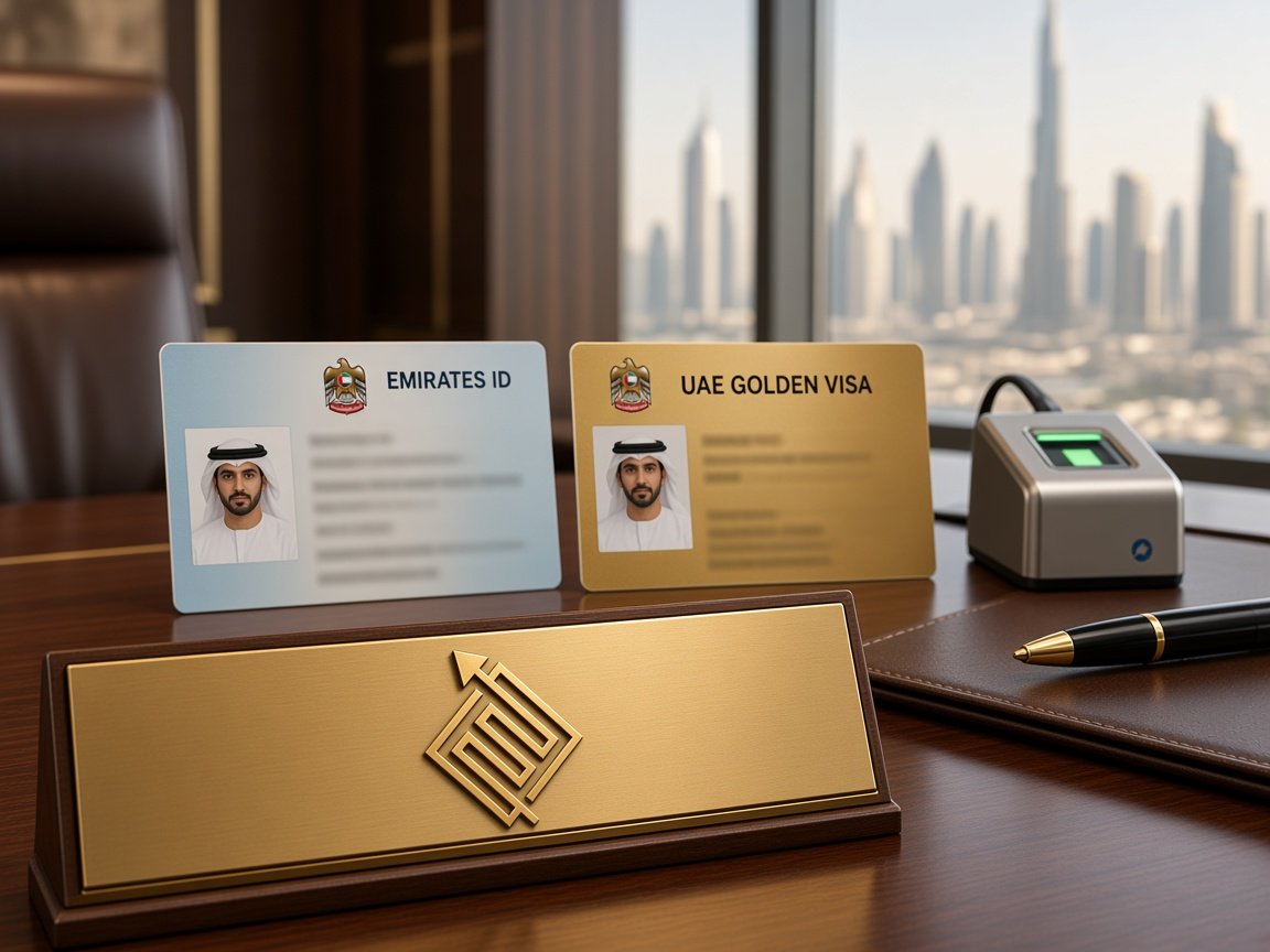 Emirates ID and UAE Golden Visa cards on a Future Way desk in Dubai beside a biometric fingerprint scanner, for residency, identity, and document clearing services