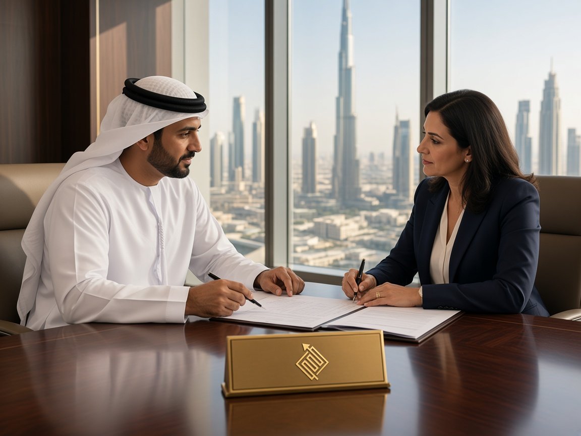 Future Way PRO advisor consulting an Emirati business founder in a Dubai boardroom on mainland company setup, DED trade licence filing, and Golden Visa paperwork, with the Burj Khalifa skyline