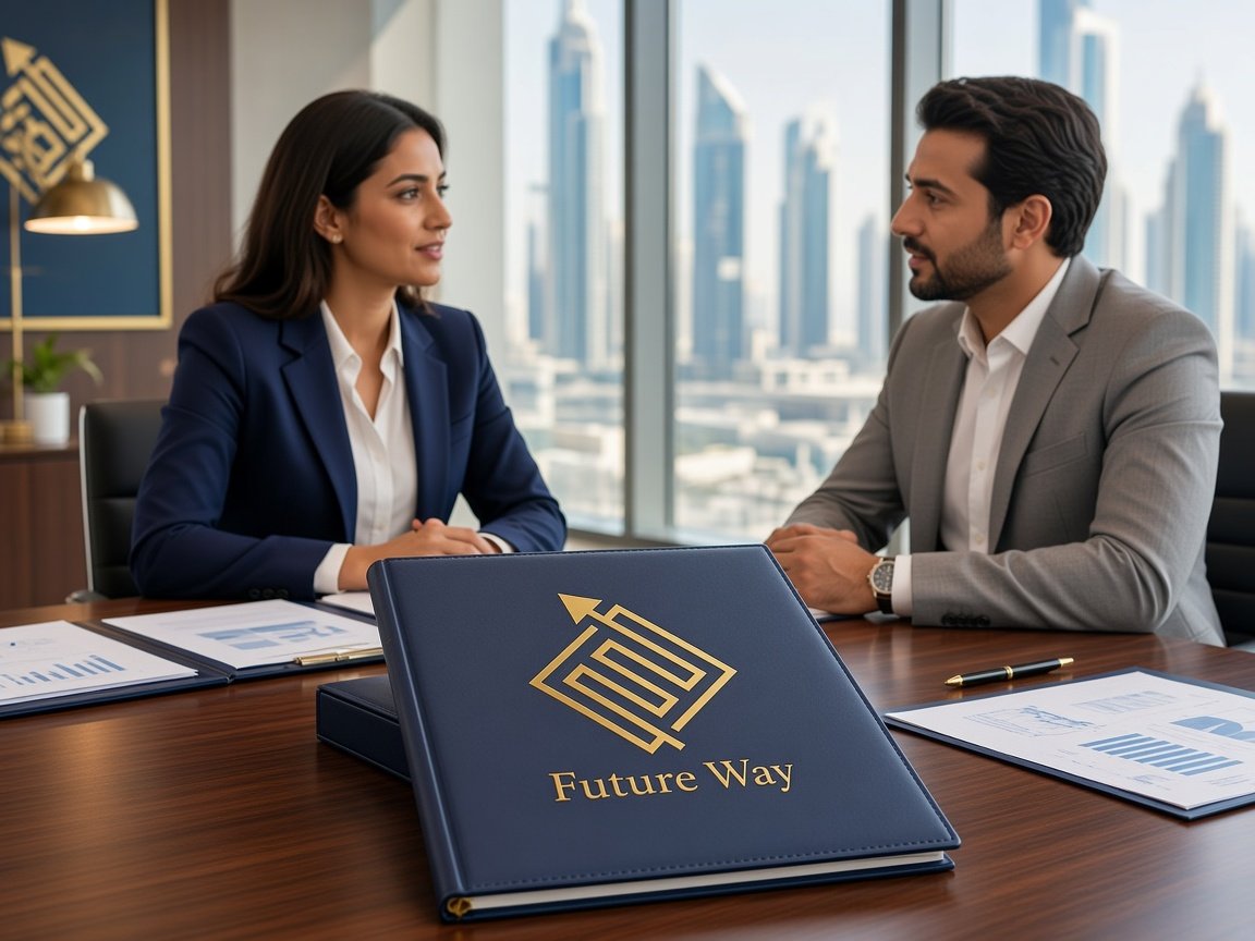 Future Way advisor and a client in a Dubai office, with the gold Future Way logo on a navy company folder